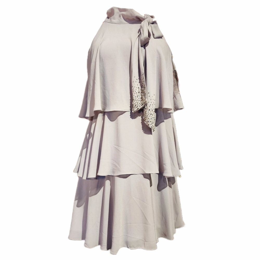 Vince Camuto Taupe Grey Chiffon w/ Rhinestone Bow Tie Dress Size 12 NWT